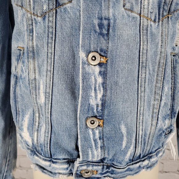 Zara Trafaluc Denimwear Blue Distressed Button Up Jean Denim Jacket Size Small S - Picture 6 of 11